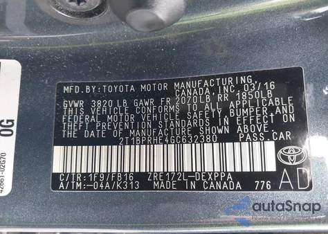 2016 Toyota Corolla Le Plus из США, поврежденный, VIN 2T1BPRHE4GC632380